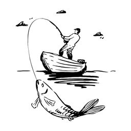 Catch Bigger Fish Company Logo; an illustration of a man fishing in a boat, with a large fish caught on his line.